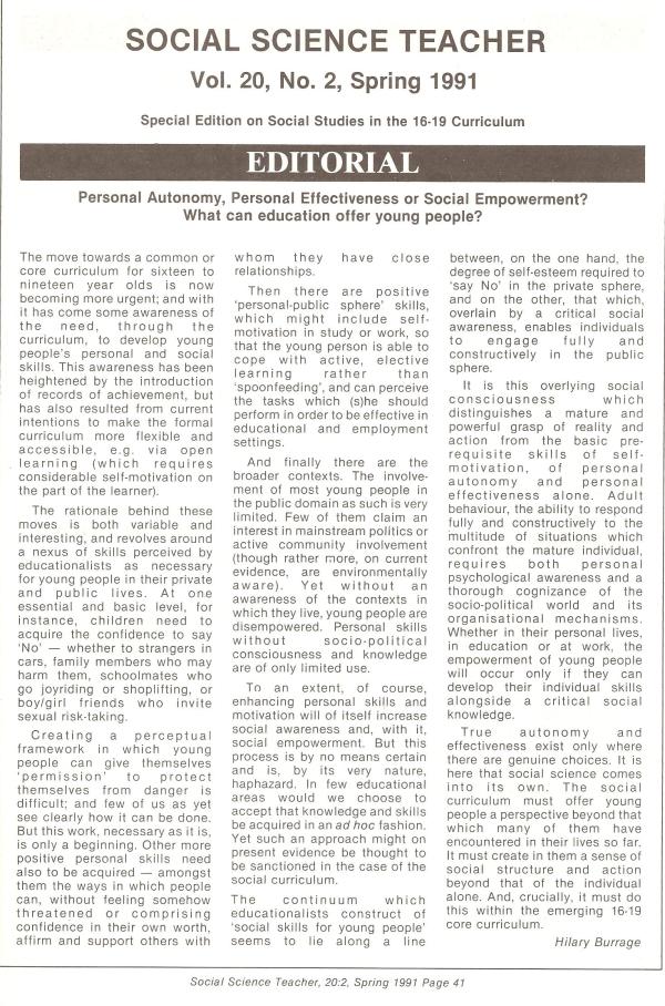 HB 1991 SST Vol20 No2 Editorial Personal autonomy personal effectiveness or social empowerment. What can education offer young people